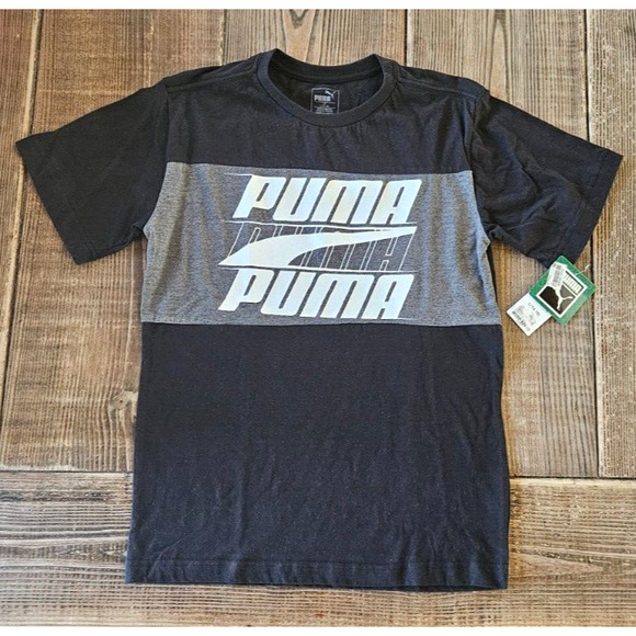 Puma Boys T Shirt Large 14-16 Black Short Sleeve Graphic Logo Basic Tee NWT - Picture 1 of 4